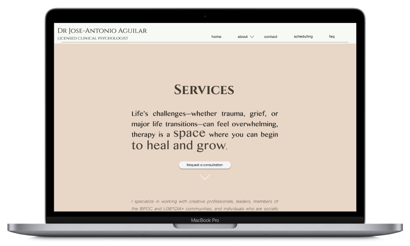 an image of a laptop with a screen from a therapist's website introducing the page listing services