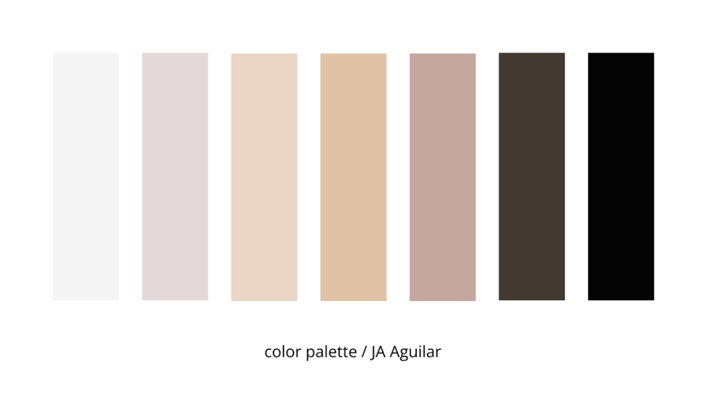 a color palette consisting of an off white two shades of pale taupe, two shades of page beige, a very dark brown and an off-black used for a therapists website