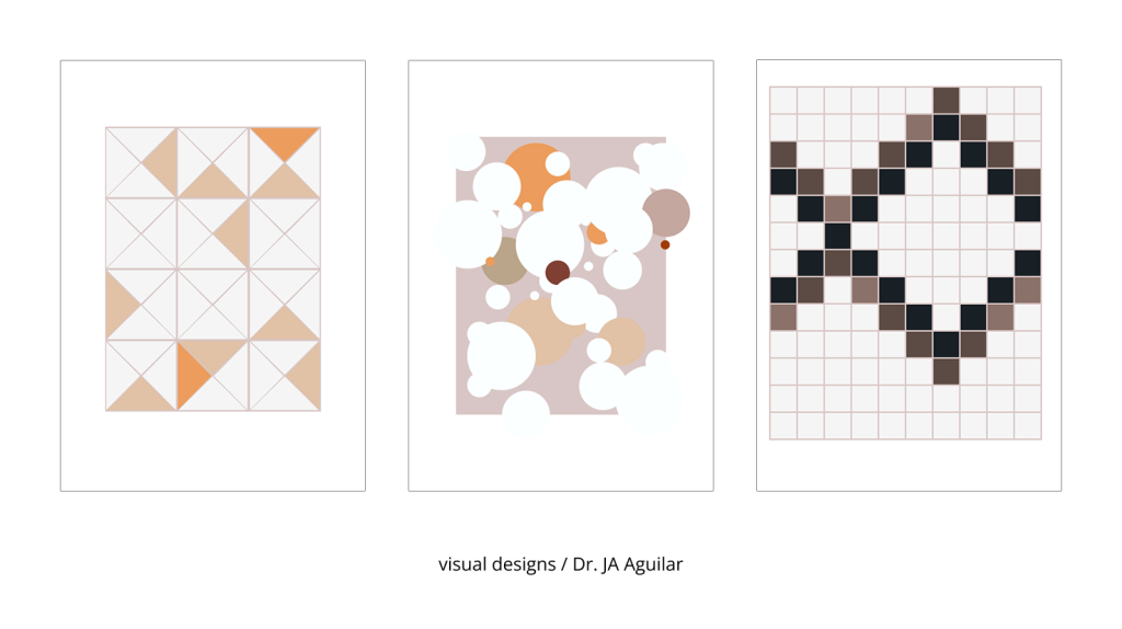 three different images, all abstract geometric designs using a similar color palette