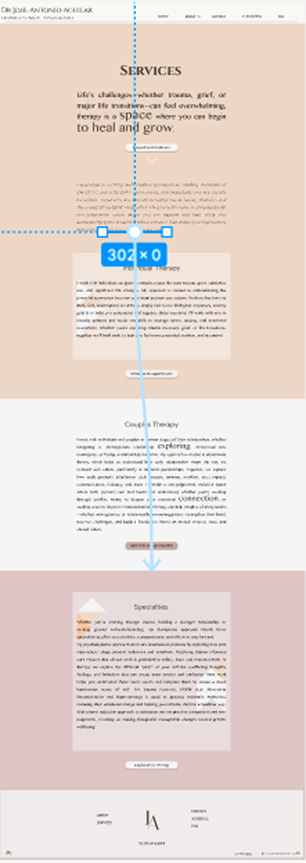 the full design layout for the therapy website showing all sections of the page and highlighting a link which anchors to the last section of the page