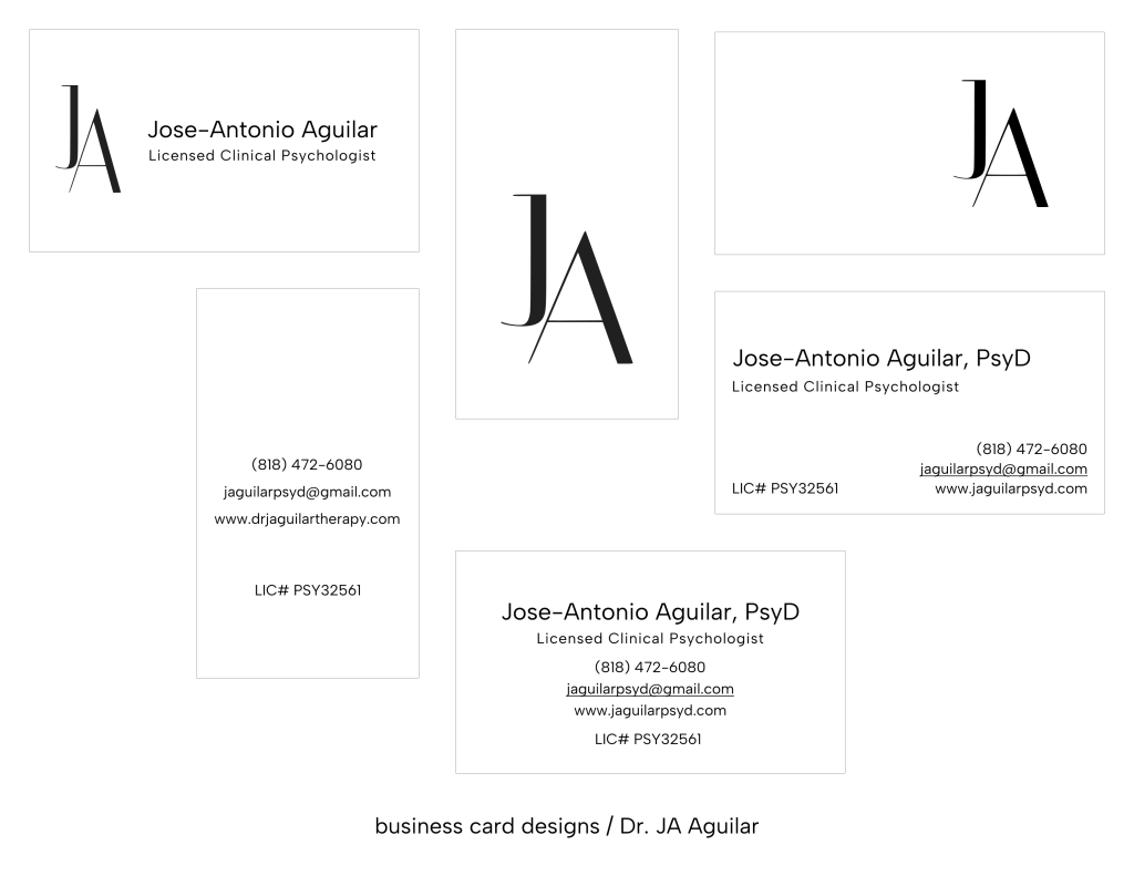 a variety of design options for a business card for a therapist featuring a monogram of the letters JA
