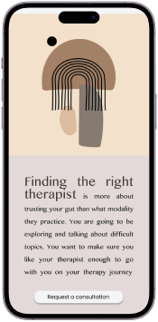 a phone screen showing a section of a therapy website with an abstract art image above text about how to find a therapist