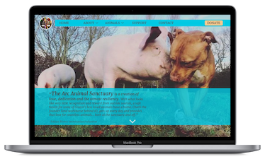 Home screen for an animal sanctuary website showing a dog and a pig playing together with a blue banner across the page and text introducing the organization.