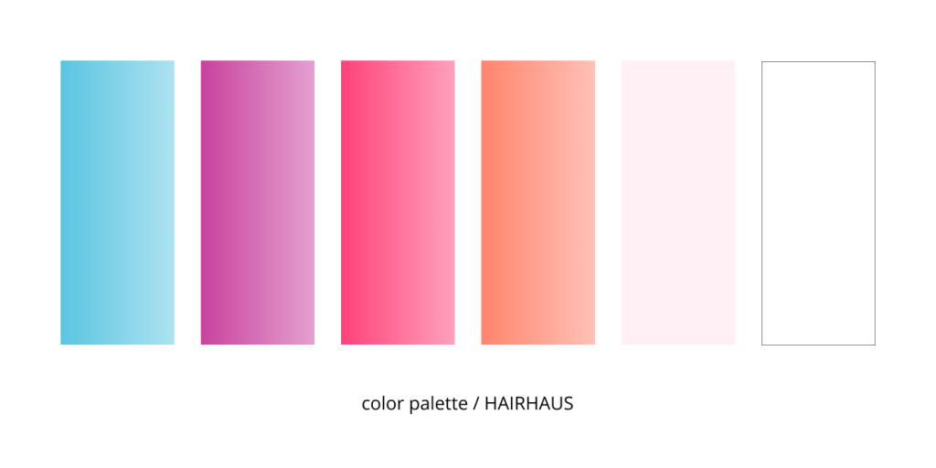 a color swatch card of vibrant pastel gradients blue, purple, pink, orange, pale pink and white