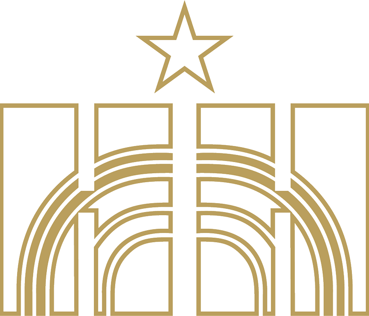 gold outline on a transparent background two stylized capital H's which have arced lines through their center's and a five pointed star above them