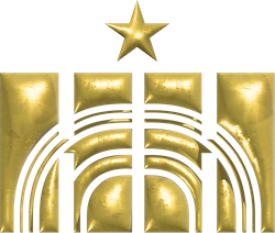 3D gold tone logo of two capital H's with arced lines through their center's and a five pointed start above