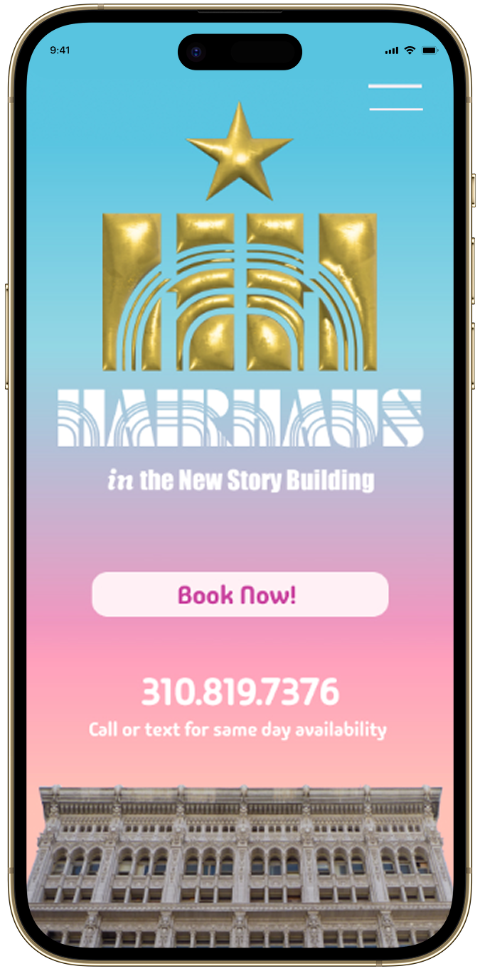 Mobile home screen for hair salon redesign with 3D gold logo against gradient sky background and a photo of the building it's located in.