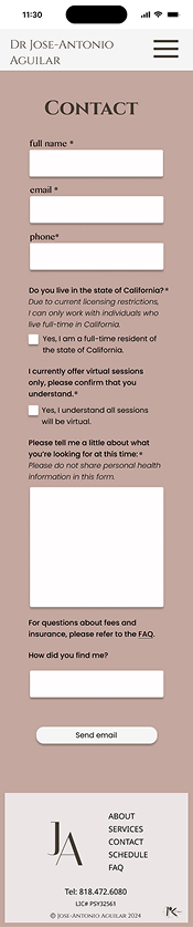 full mobile screen design for a therapy website showing the contact page with blank fields and qualifying questions