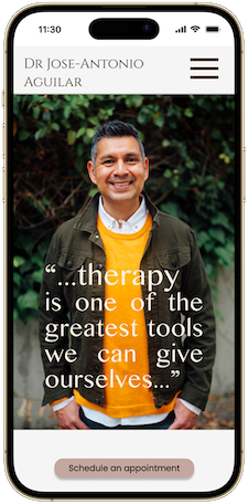Mobile home screen with an image of a man in an orange sweater with a text quote overlaying the image.