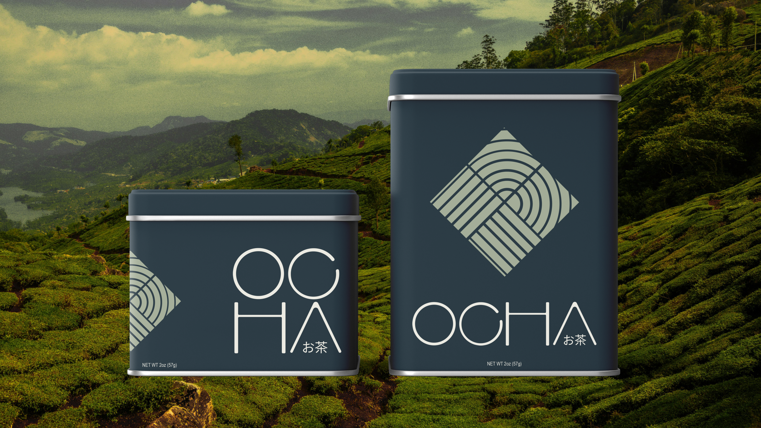 A beautiful landscape photograph depicting tea fields with a photograph of two slightly different sized tins with the Ocha branding.