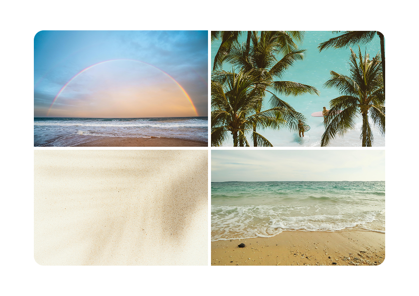 Four photographs of natural seaside scenes. One with a rainbow against the sky above the sea as seen from the shore. Palm trees against a blue sky. The shadow of a palm frond on the sand. The sea at the shore.