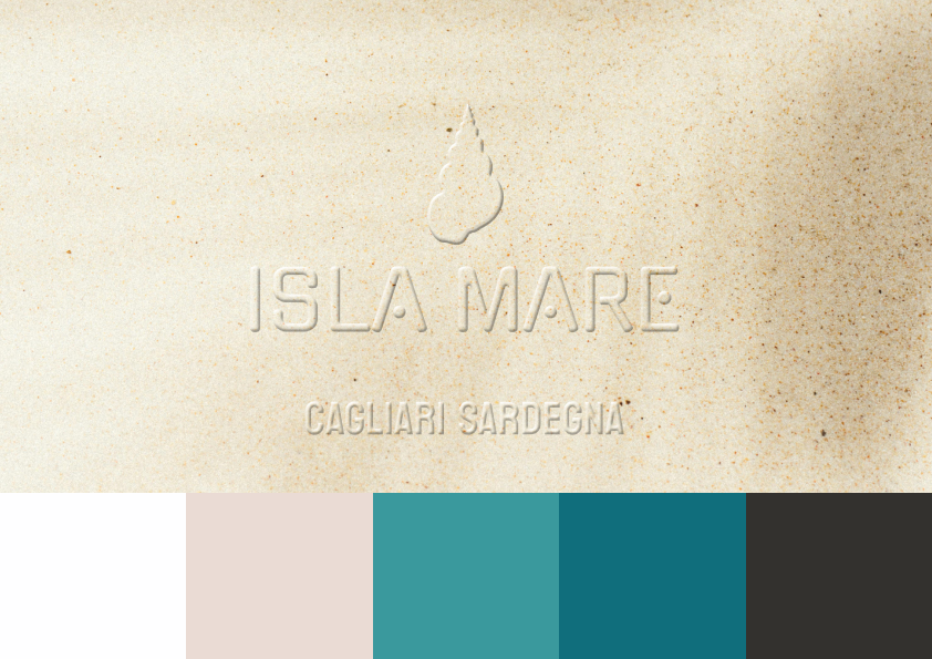 sand with the faint shadow of a palm frond falling across it, the words 'ISLA MARE, CAGLIARI SARDEGNA' are embossed in the sand, across the bottom of the image there are five colored squares representing the color palette chosen for this brand identity