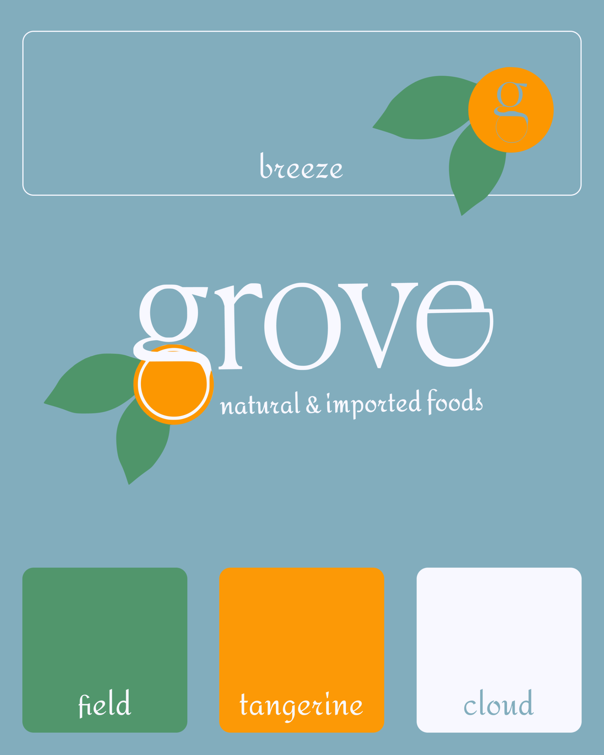 an image comprised of a light blue background with two different logos for a grocery market placed and three squares of color across the bottom which, along with the background color, represent the color palette for the brand identity.