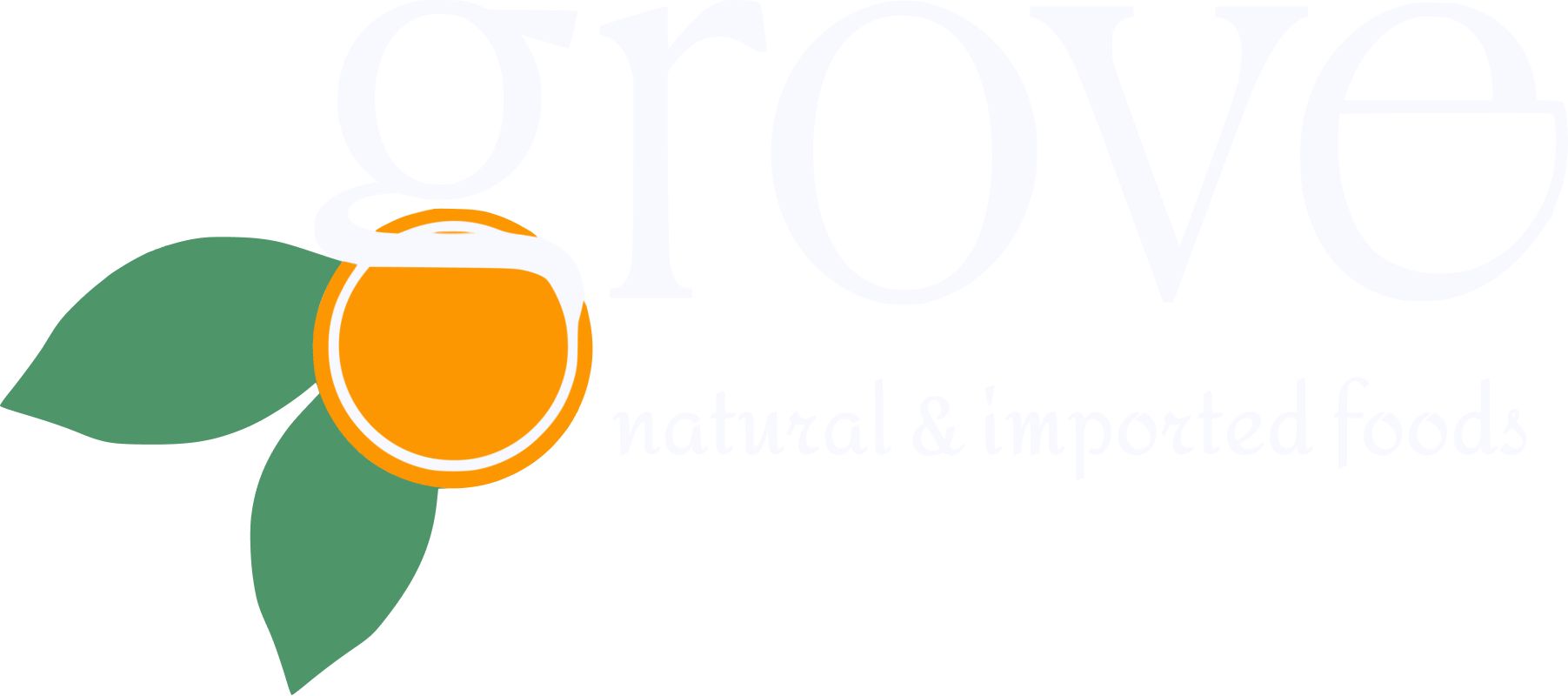 the name logo for a grocery store design which says 'grove' in all lowercase letters and has an abstract representation of an orange fruit with two leaves attached which are perfectly aligned to the lower loop of the lowercase letter 'g'.