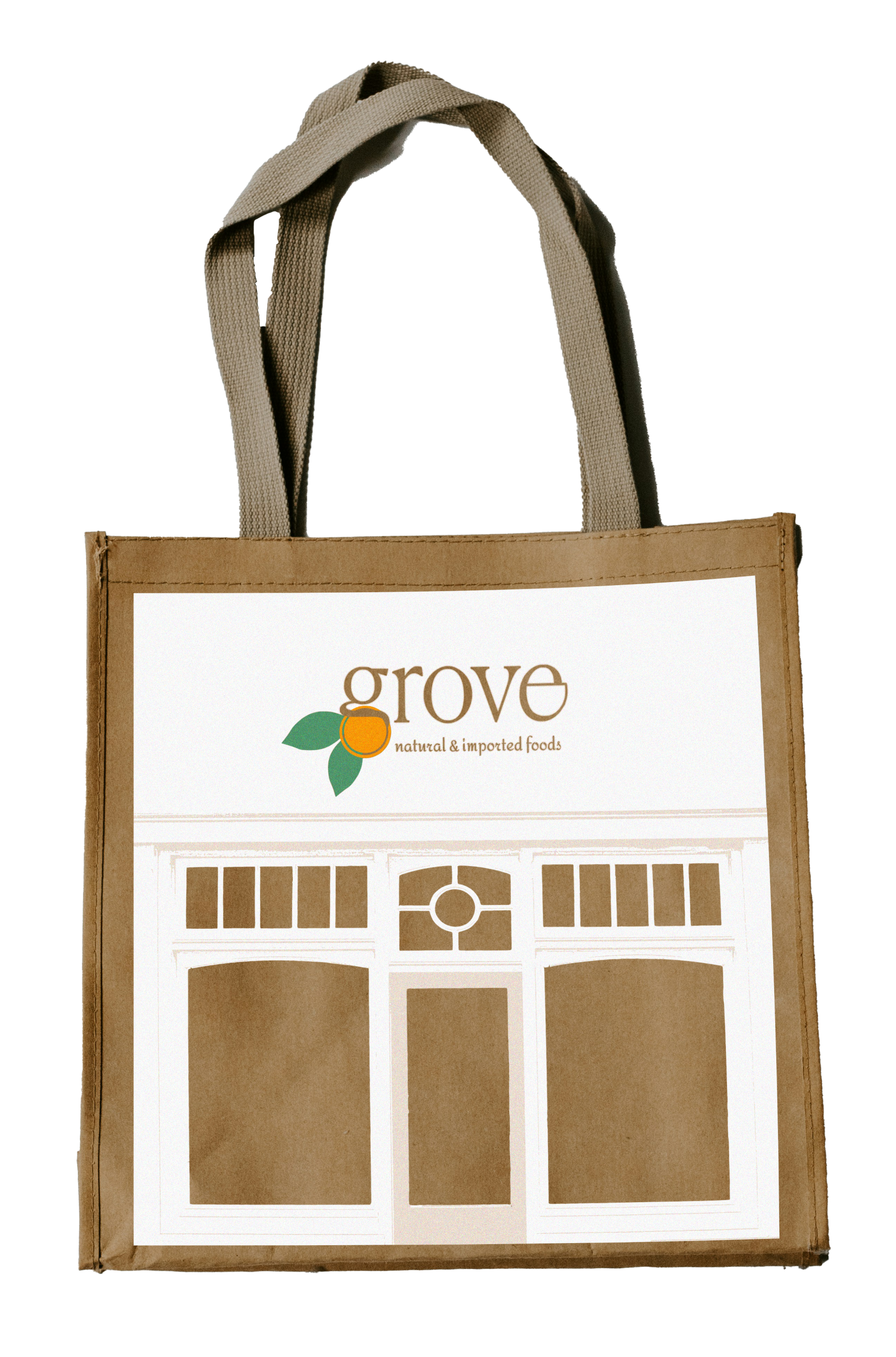A brown paper grocery shopping bag printed with an abstract representation of a storefront in white, with the store name logo 'grove' over the shop.