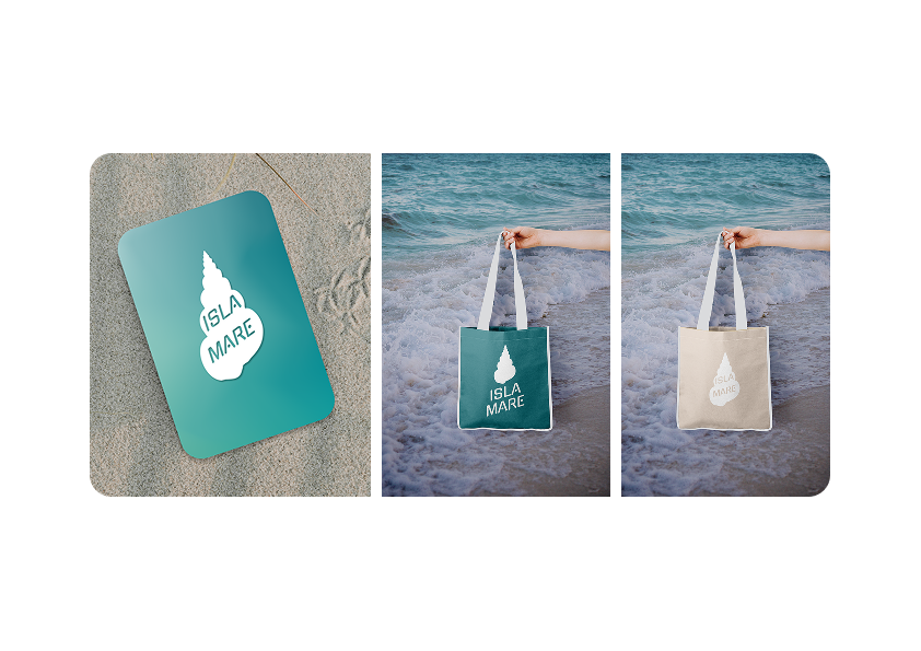 A row of three photographs. The first is a hotel room key card with a turquoise background and a logo in the center in white. The logo is composed of the shape of a seashell with the words Isla Mare in the center in the same color as the background. The second photograph shows a tote bag in the same turquoise with another version of the logo. This one has the seashell in the center with the words beneath at angle. The third photograph is the same style tote bag but in a beige color with the white logo from the first image.