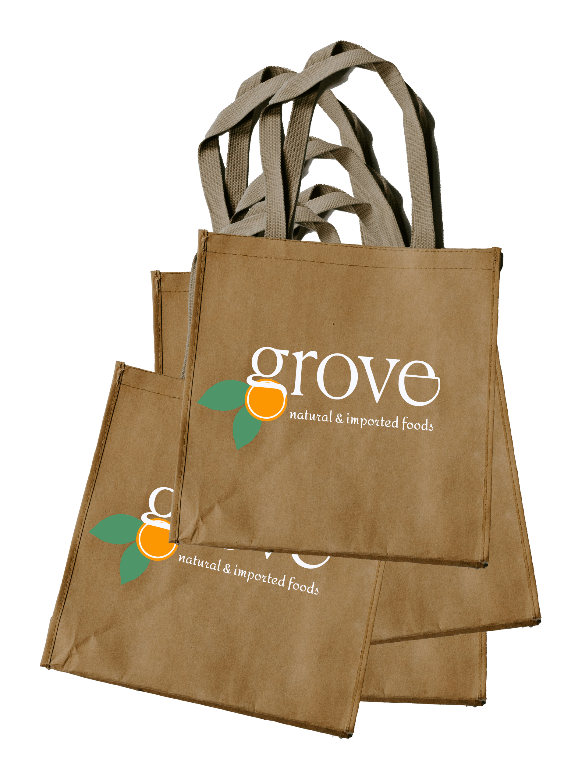 An image of a messy pile of paper grocery shopping bags. The bag on the top of the pile shows the store name logo 'grove' with an abstract rendering of an orange with two leaves attached.